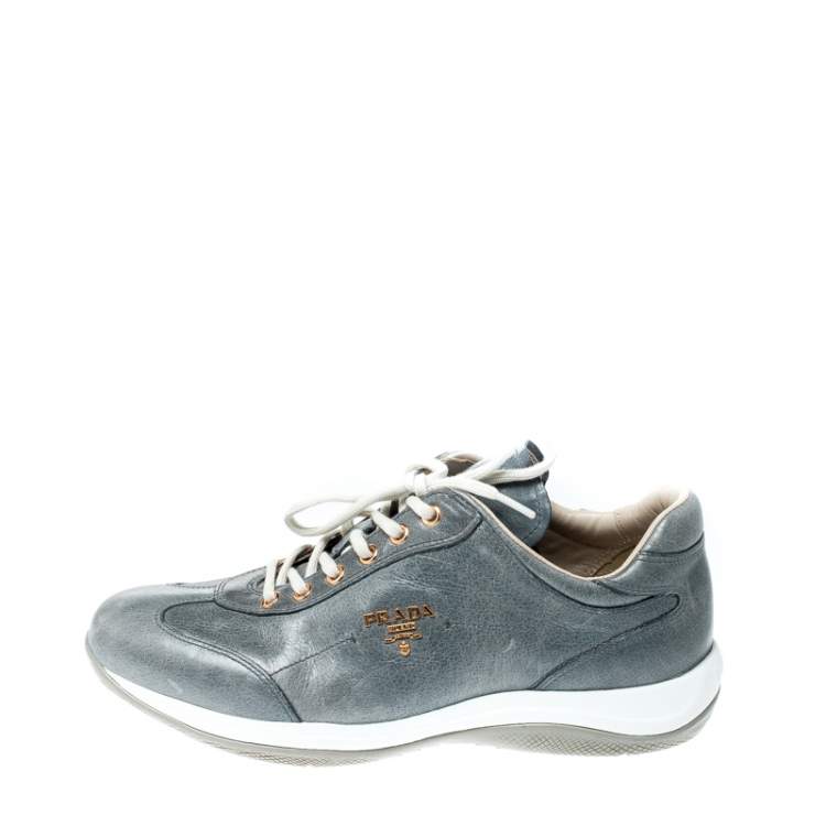 Pre Owned Prada Sport Blue/Grey Leather Lace Up Sneakers Size 38
