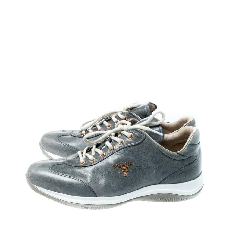 Pre Owned Prada Sport Blue/Grey Leather Lace Up Sneakers Size 38