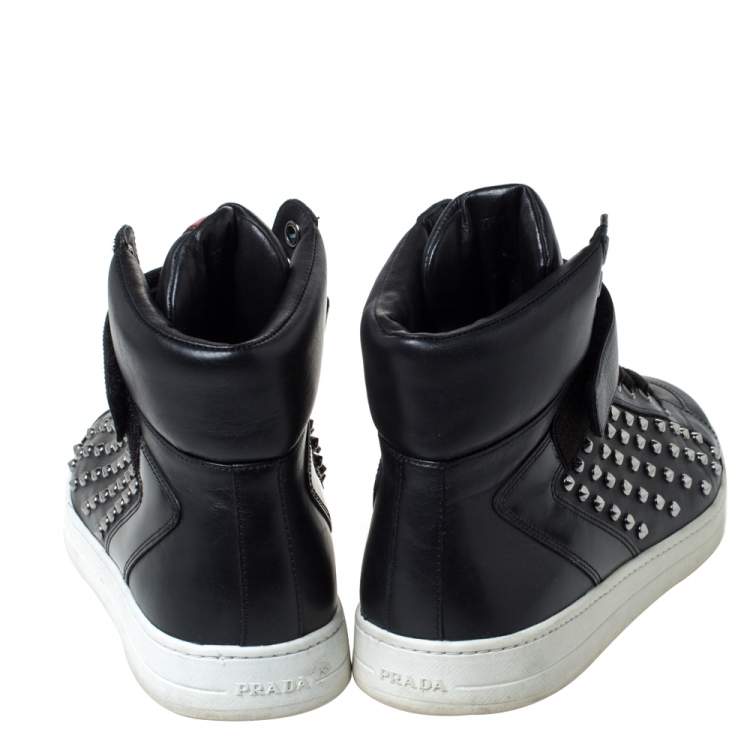 Pre Owned Prada Sport Black Leather Studded Lace Up High Top Sneakers Size 42