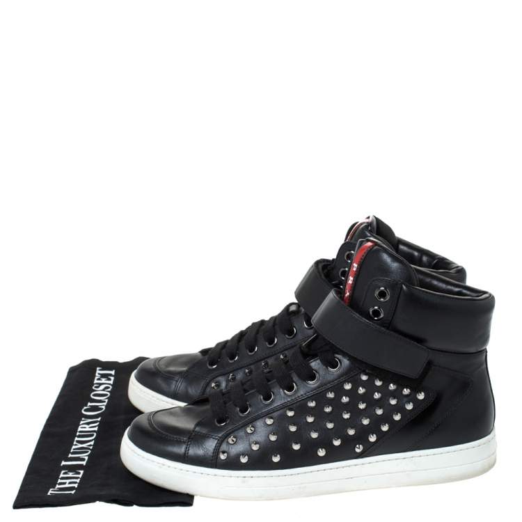 Pre Owned Prada Sport Black Leather Studded Lace Up High Top Sneakers Size 42