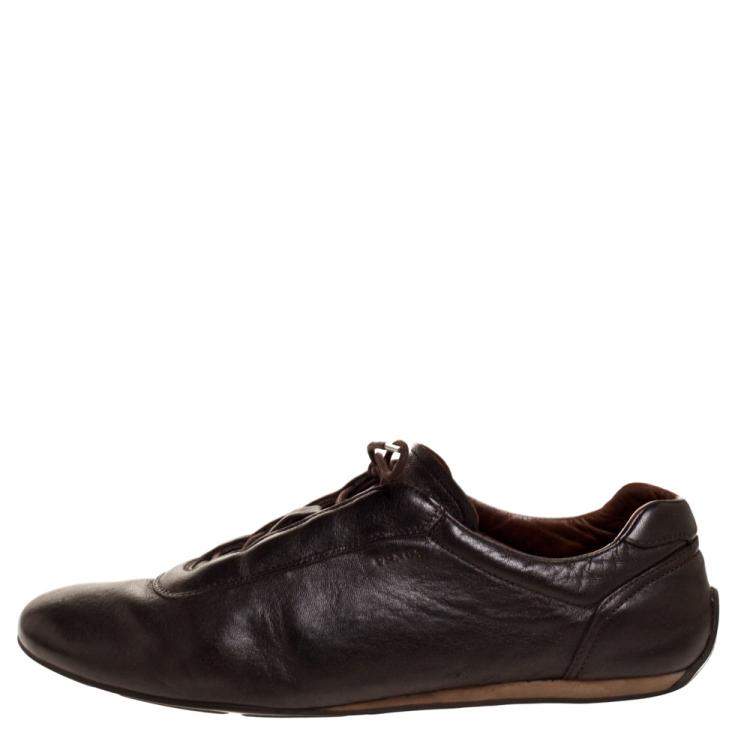 Pre Owned Prada Sport Dark Brown Leather Lace Up Low Top Sneakers Size 43.5