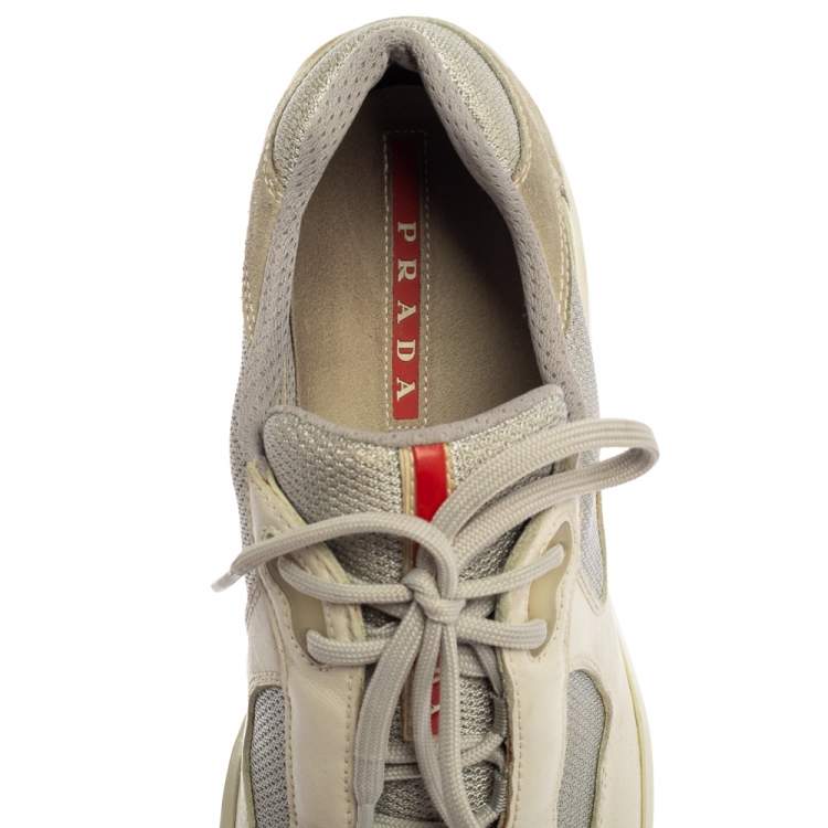 Pre Owned Prada Sport White/Grey Leather And Mesh America's Cup Low Top Trainers Size 44