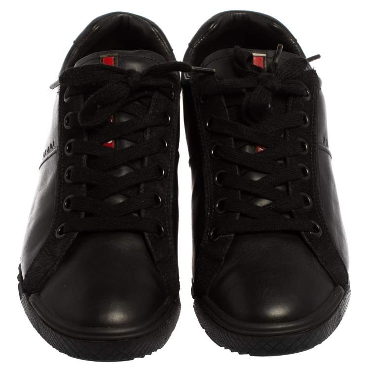 Pre Owned Prada Sport Black Leather And Suede Low Top Sneakers Size 40.5