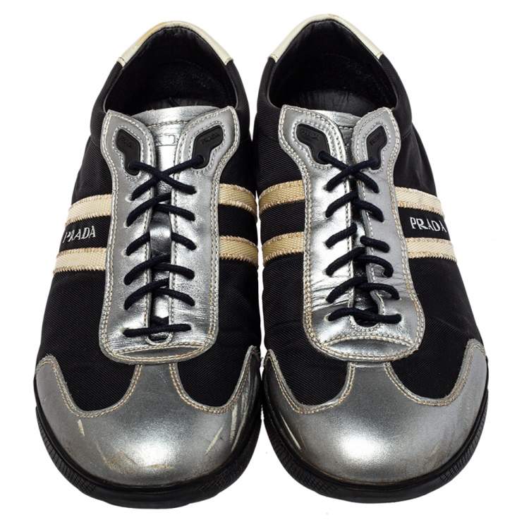 Pre Owned Prada Sport Black/Silver Nylon And Leather Low Top Sneakers Size 42