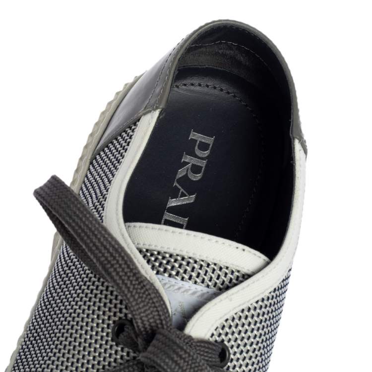 مملوكة مسبقًا Prada Sport White/Grey Nylon Knit And Rubber Lace Up Sneakers Size 45.5