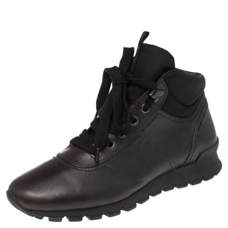 Pre Owned Prada Sport Dark Brown Leather High Top Sneakers Size 42.5
