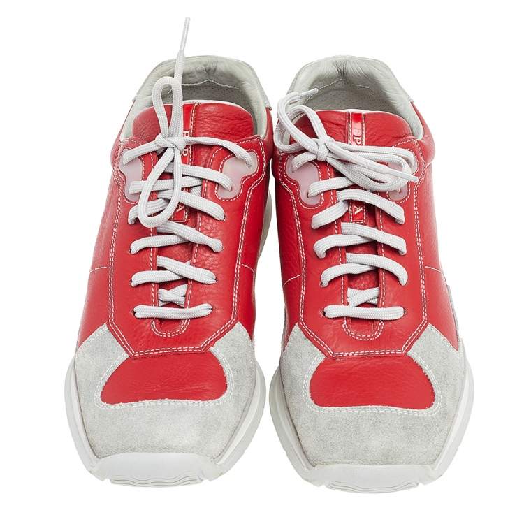 Pre Owned Prada Sport Red/Grey Leather And Suede Low Top Sneakers Size 43