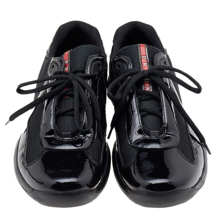 Pre Owned Prada Sport Black Patent Leather And Mesh Low Top Sneakers Size 45