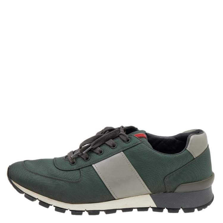 Pre Owned Prada Sport Green/Grey Nylon And Leather Low Top Sneakers Size 42