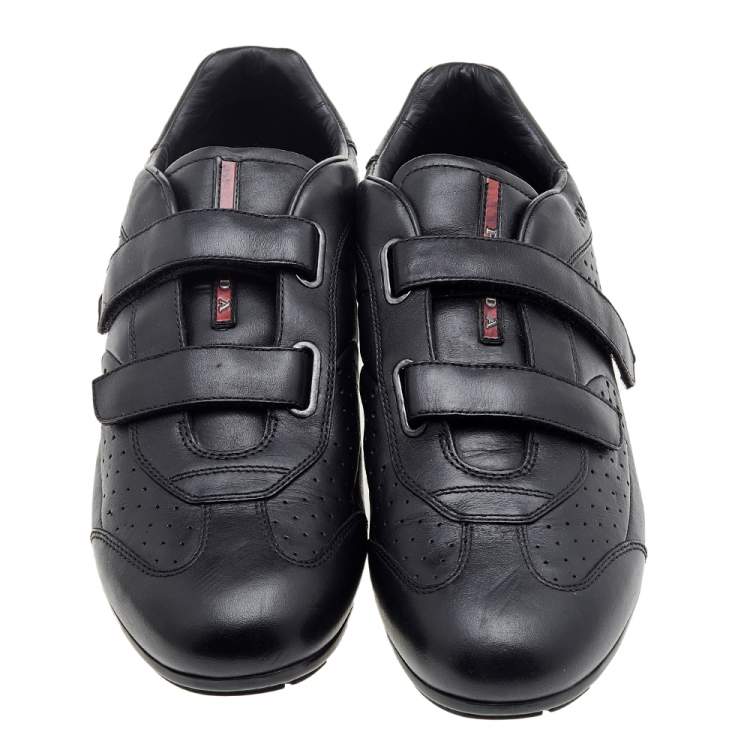 Pre Owned Prada Sport Black Leather Double Velcro Strap Slip On Sneakers Size 46