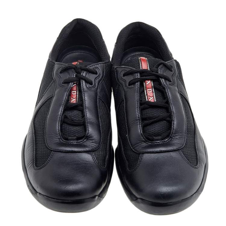 Pre Owned Prada Sport Black Leather And Knit Fabric Low Top Sneakers Size 44.5