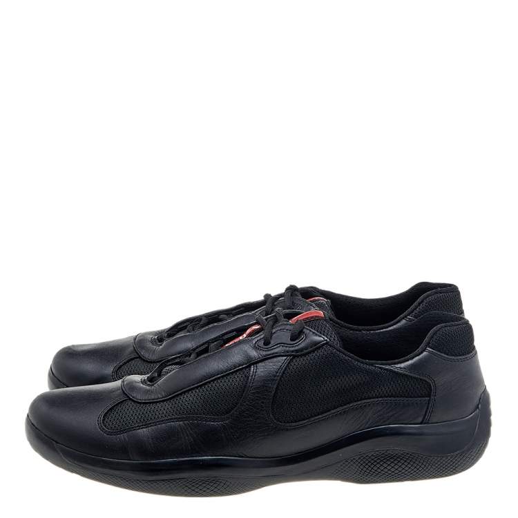 Pre Owned Prada Sport Black Leather And Knit Fabric Low Top Sneakers Size 44.5