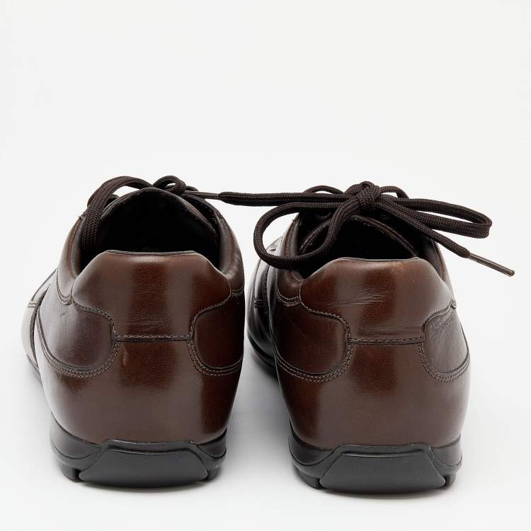 Pre Owned Prada Sport Brown Leather Logo Stripe Low Top Sneakers Size 43.5
