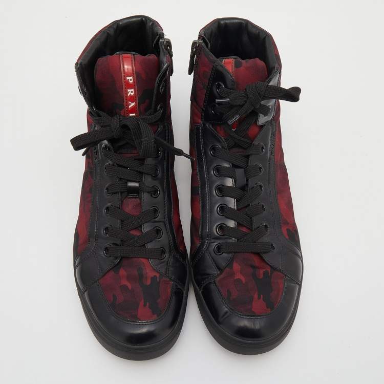 مملوكة مسبقًا Prada Sport Black/Red Leather And Camo Print Nylon High Top Sneakers Size 42.5