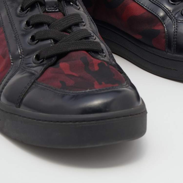 مملوكة مسبقًا Prada Sport Black/Red Leather And Camo Print Nylon High Top Sneakers Size 42.5