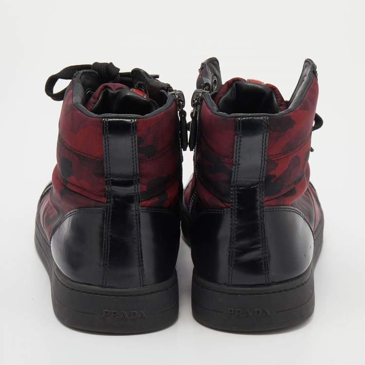 مملوكة مسبقًا Prada Sport Black/Red Leather And Camo Print Nylon High Top Sneakers Size 42.5