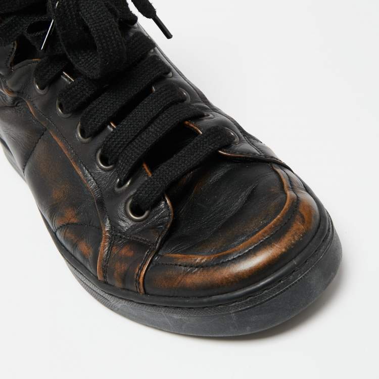 Pre Owned Prada Sport Black/Brown Leather High-Top Sneakers Size 39.5