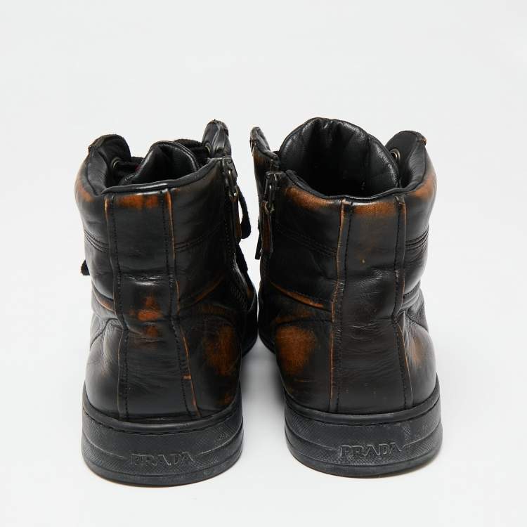 Pre Owned Prada Sport Black/Brown Leather High-Top Sneakers Size 39.5