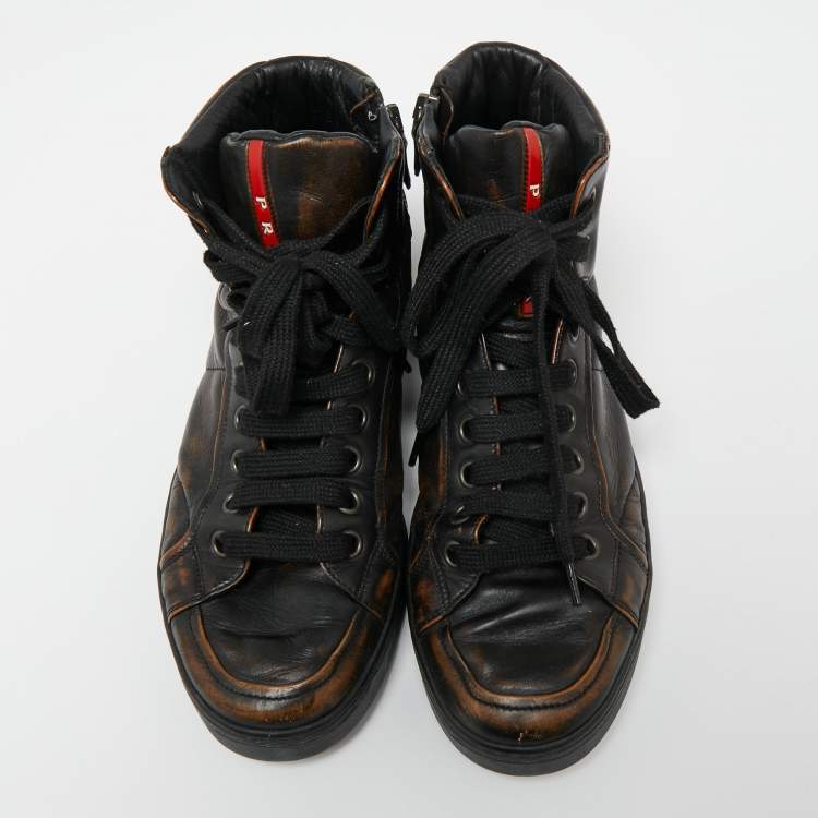 Pre Owned Prada Sport Black/Brown Leather High-Top Sneakers Size 39.5