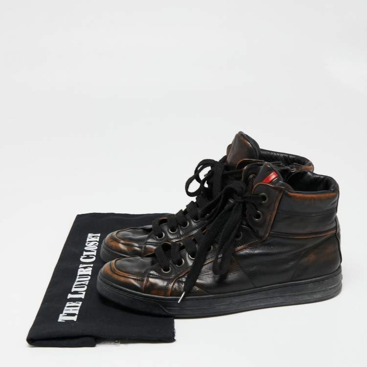 Pre Owned Prada Sport Black/Brown Leather High-Top Sneakers Size 39.5