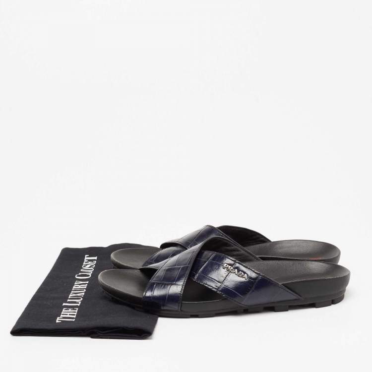 Pre Owned Prada Sport Navy Blue Croc Embossed Leather Flat Slide Sandals Size 39.5