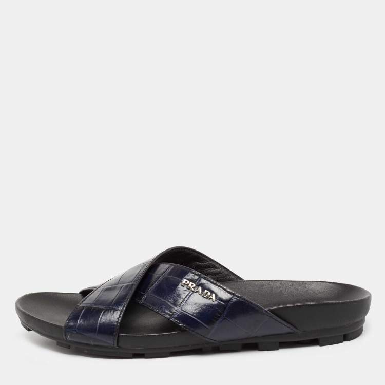 Pre Owned Prada Sport Navy Blue Croc Embossed Leather Flat Slide Sandals Size 39.5
