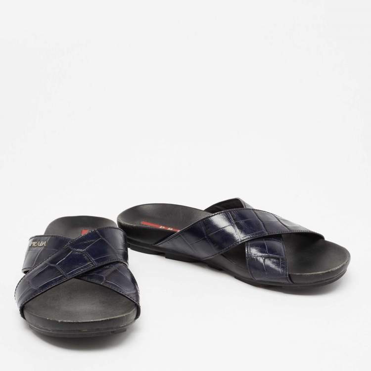 Pre Owned Prada Sport Navy Blue Croc Embossed Leather Flat Slide Sandals Size 39.5