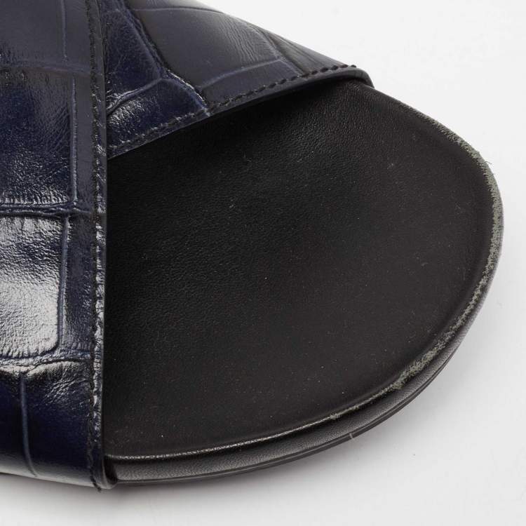 Pre Owned Prada Sport Navy Blue Croc Embossed Leather Flat Slide Sandals Size 39.5