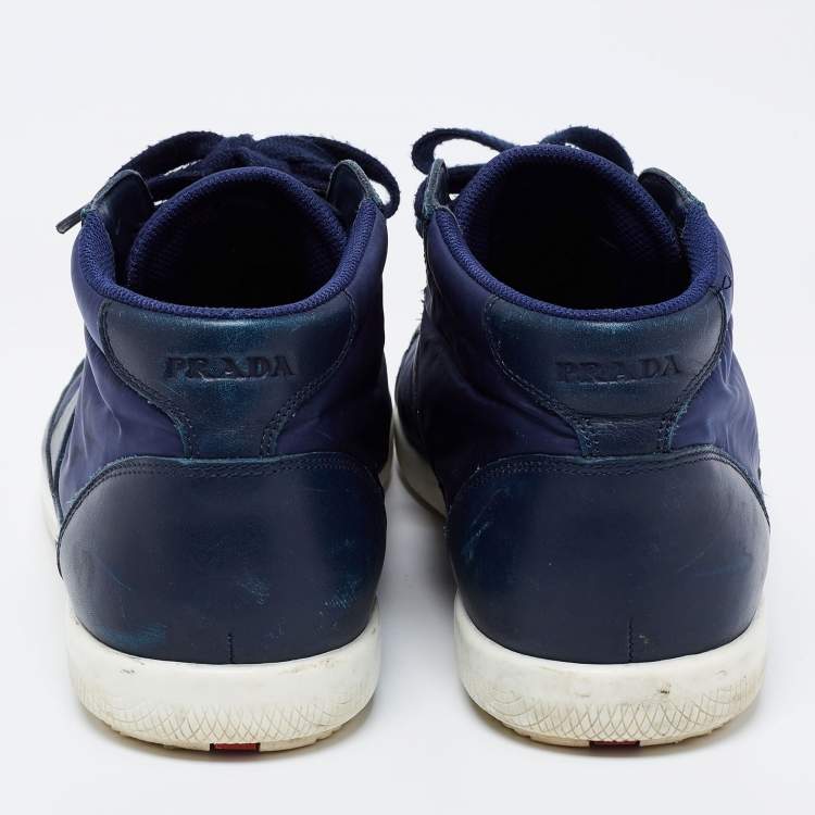Pre Owned Prada Sport Navy Blue Nylon And Leather Mid Top Sneakers Size 43.5