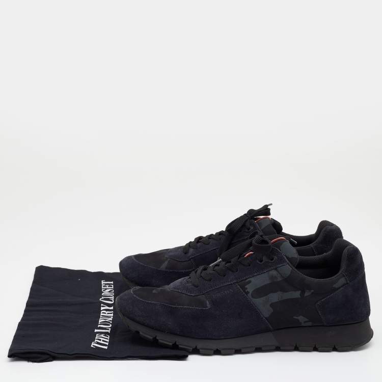 Pre Owned Prada Sport Navy Blue Suede And Camouflage Print Nylon Low Top Sneakers Size 43