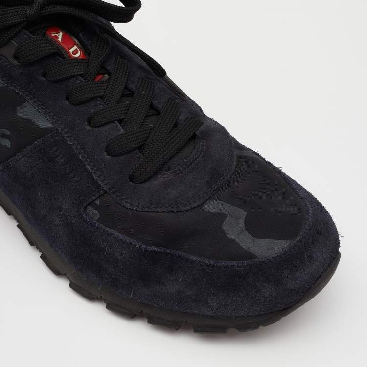 Pre Owned Prada Sport Navy Blue Suede And Camouflage Print Nylon Low Top Sneakers Size 43