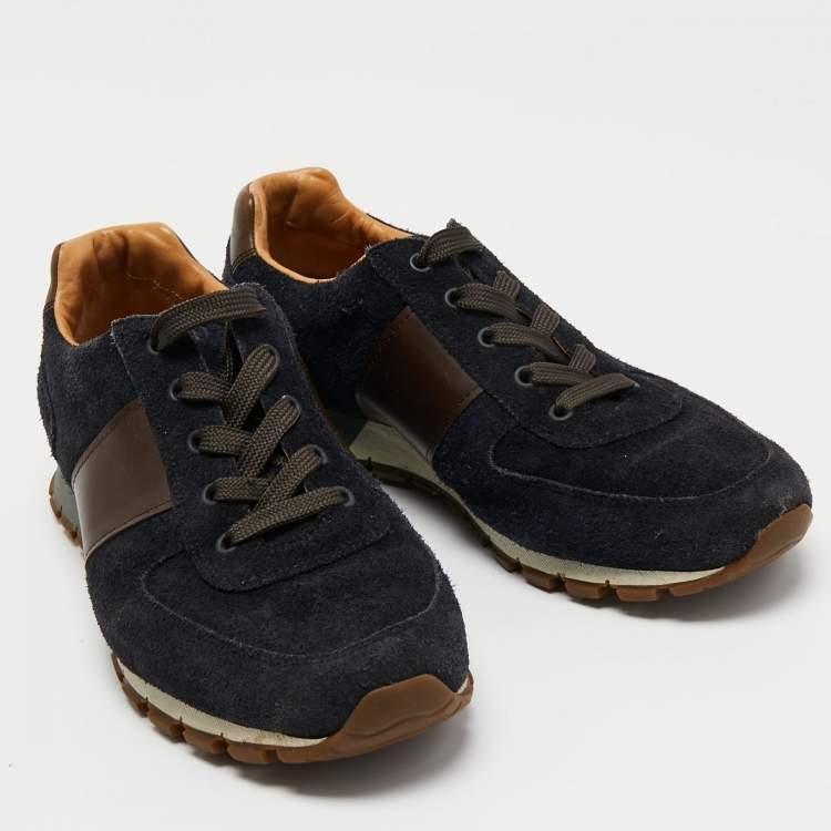 Pre Owned Prada Sport Navy Blue/Brown Suede and Leather Low Top Sneakers Size 42
