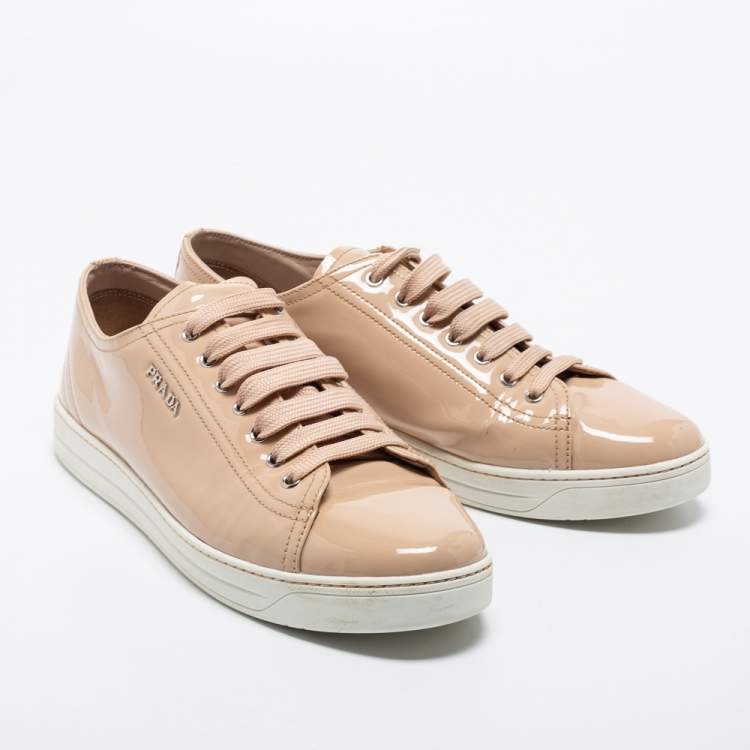 Pre Owned Prada Sport Beige Patent Leather Low Top Sneakers Size 41