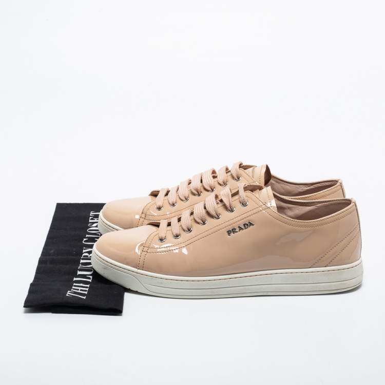 Pre Owned Prada Sport Beige Patent Leather Low Top Sneakers Size 41