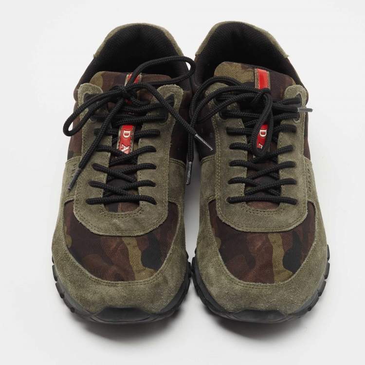 Pre Owned Prada Sport Army Green Suede and Camo Print Nylon Low Top Sneakers Size 40
