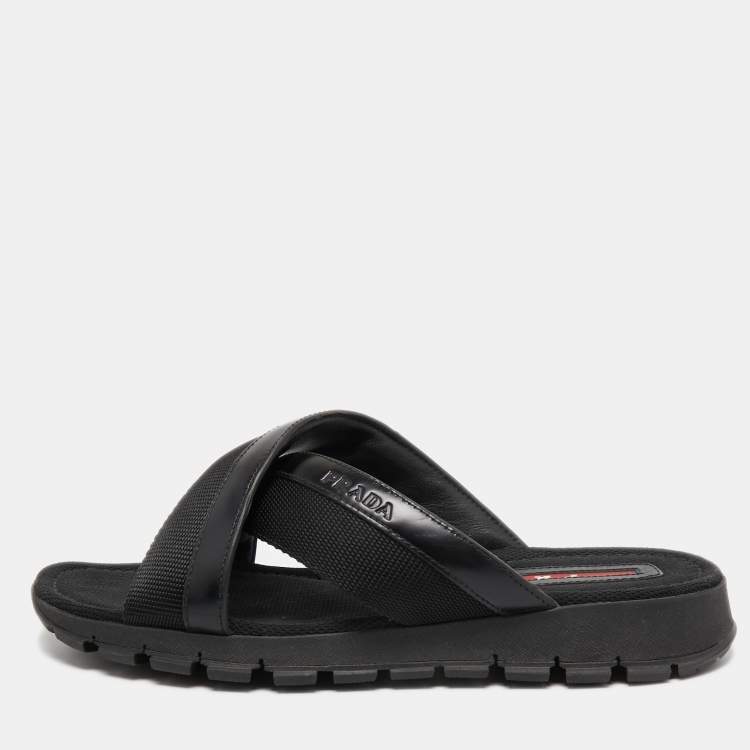 Pre Owned Prada Sport Black Leather and Canvas Crisscross Slides Size 41.5 