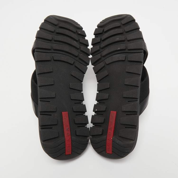 Pre Owned Prada Sport Black Leather and Canvas Crisscross Slides Size 41.5 