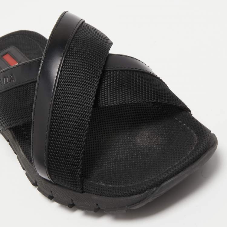Pre Owned Prada Sport Black Leather and Canvas Crisscross Slides Size 41.5 