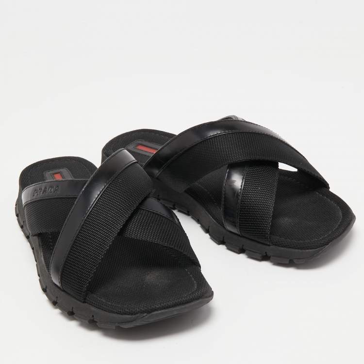 Pre Owned Prada Sport Black Leather and Canvas Crisscross Slides Size 41.5 