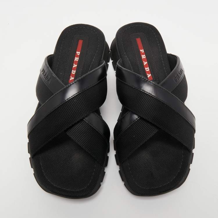 Pre Owned Prada Sport Black Leather and Canvas Crisscross Slides Size 41.5 