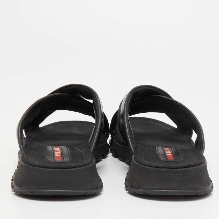 Pre Owned Prada Sport Black Leather and Canvas Crisscross Slides Size 41.5 