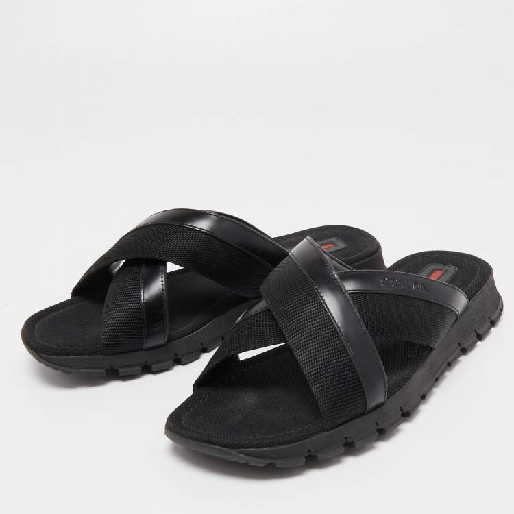 Pre Owned Prada Sport Black Leather and Canvas Crisscross Slides Size 41.5 