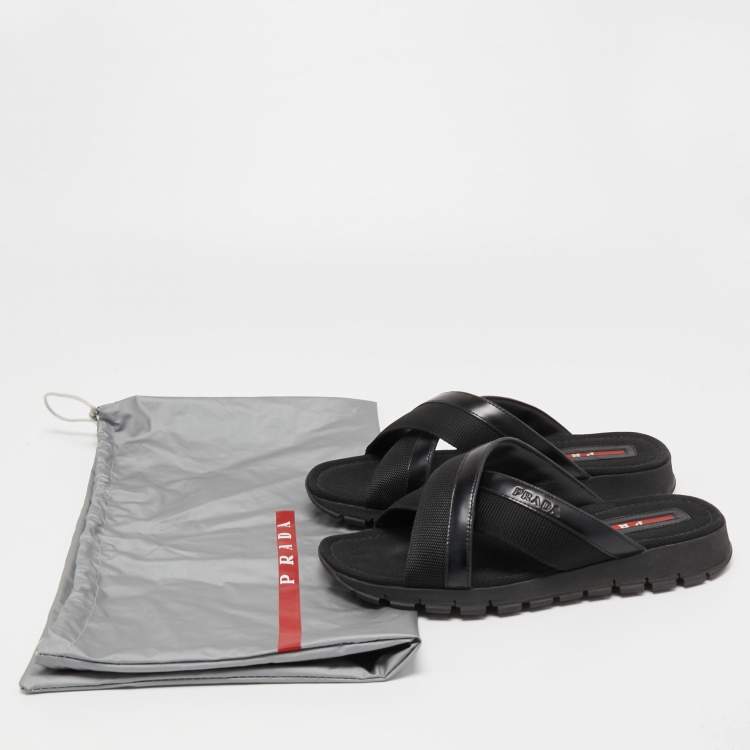Pre Owned Prada Sport Black Leather and Canvas Crisscross Slides Size 41.5 