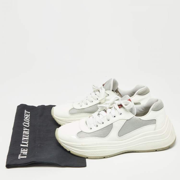 Pre Owned Prada Sport White/Grey Patent Leather and Mesh Low Top Sneakers Size 41.5