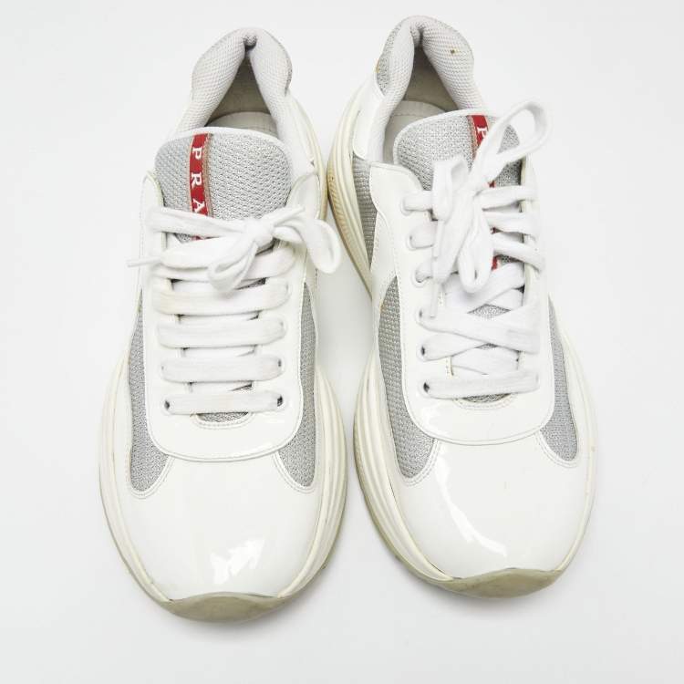 Pre Owned Prada Sport White/Grey Patent Leather and Mesh Low Top Sneakers Size 41.5
