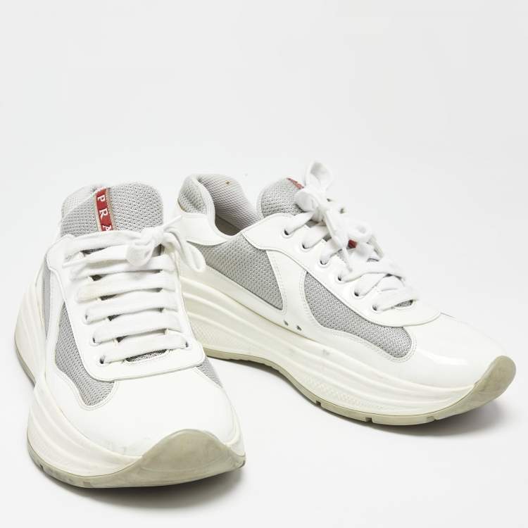 Pre Owned Prada Sport White/Grey Patent Leather and Mesh Low Top Sneakers Size 41.5