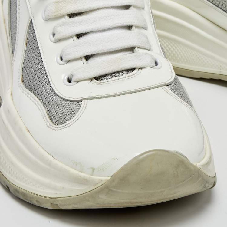 Pre Owned Prada Sport White/Grey Patent Leather and Mesh Low Top Sneakers Size 41.5