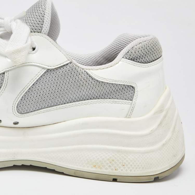 Pre Owned Prada Sport White/Grey Patent Leather and Mesh Low Top Sneakers Size 41.5