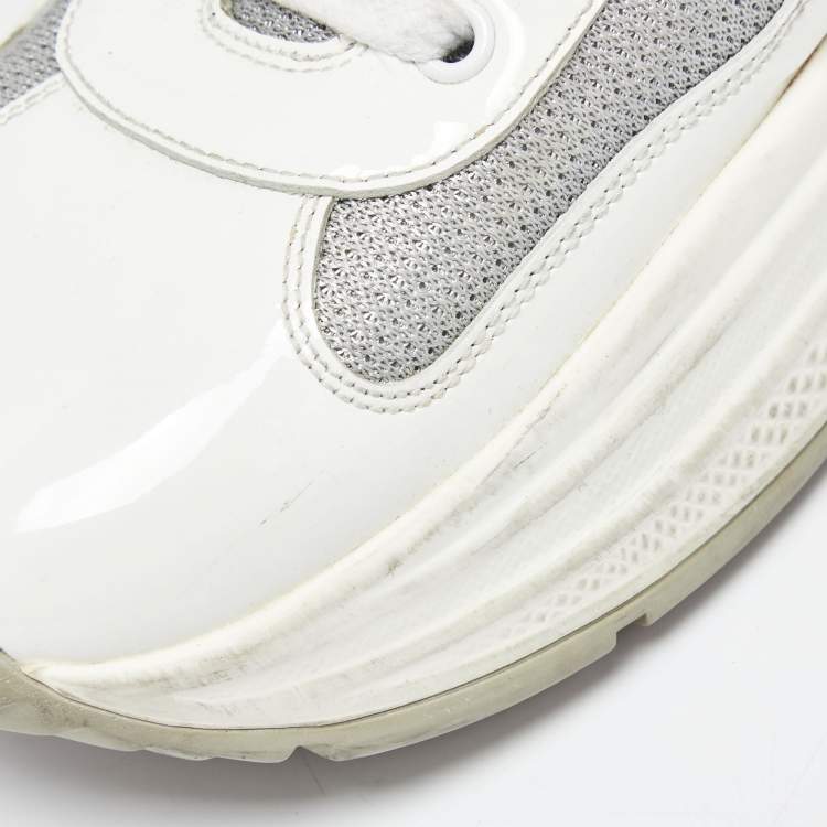 Pre Owned Prada Sport White/Grey Patent Leather and Mesh Low Top Sneakers Size 41.5
