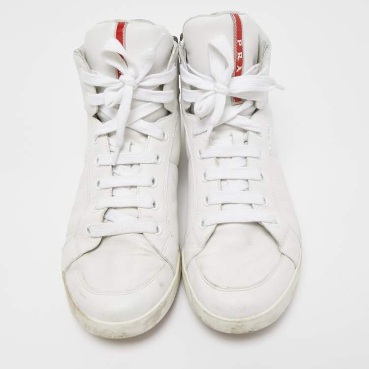 Pre Owned Prada Sport White Leather Lace Up High Top Sneakers Size 43
